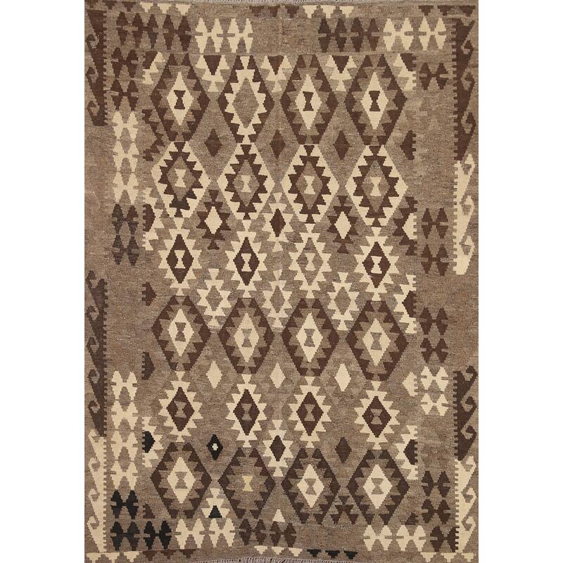 Hand Woven Oriental 100% Wool Carpet Southwestern Geometric Brown Kilim Area Rug - 6' 5'' X 5' 0''