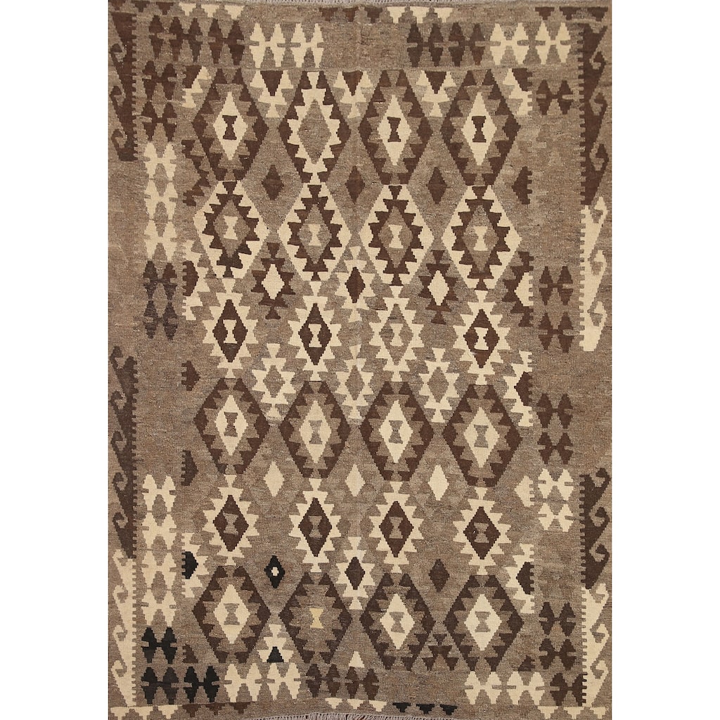 Hand Woven Oriental 100% Wool Carpet Southwestern Geometric Brown Kilim Area Rug - 6' 5'' X 5' 0''