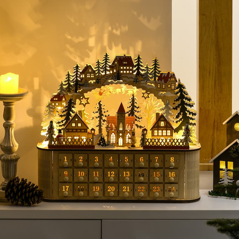HOMCOM Wooden Christmas Advent Calendar, Light Up Table Holiday Decoration with 24 Countdown Drawers Natural