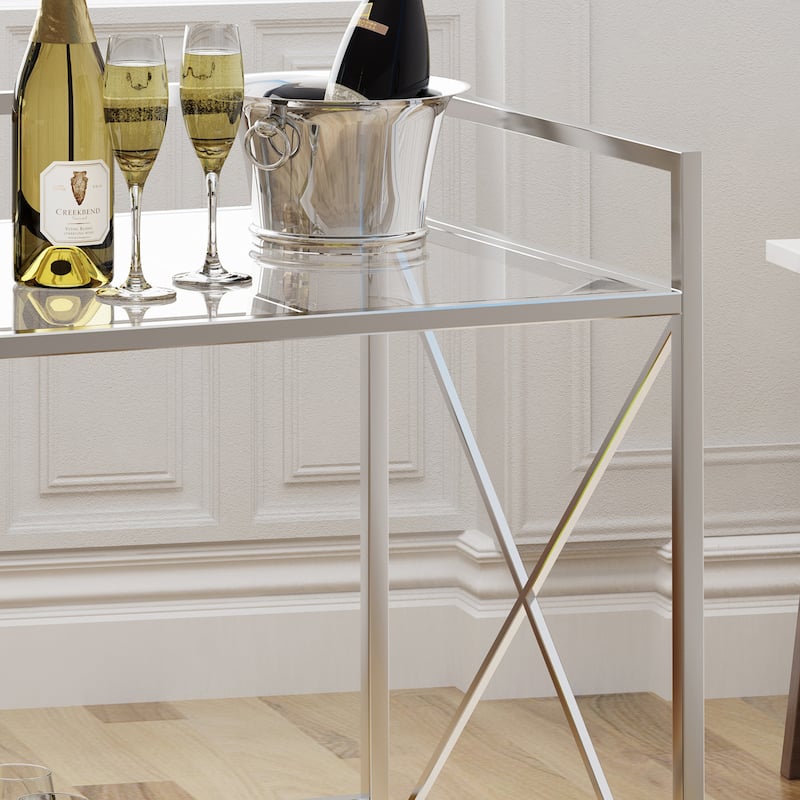 Modern Two-Tier Bar Cart with Tempered Glass, Industrial Metal Frame, Open Art Deco Sides for Entertaining and Home Decor