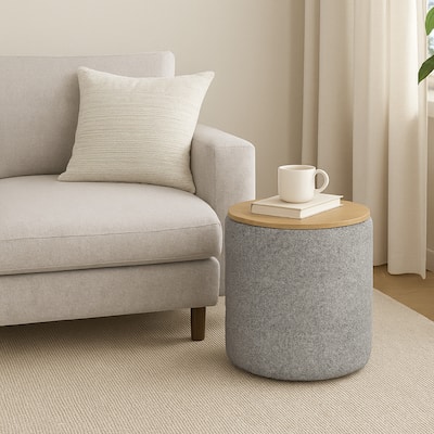 Mona Storage Ottoman, 19 Inch Round Lift Top, Channeled Gray Boucle