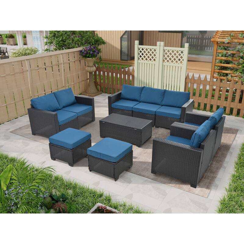10-Piece Outdoor Rattan Sectional Sofa Set with Storage Table & Cushions