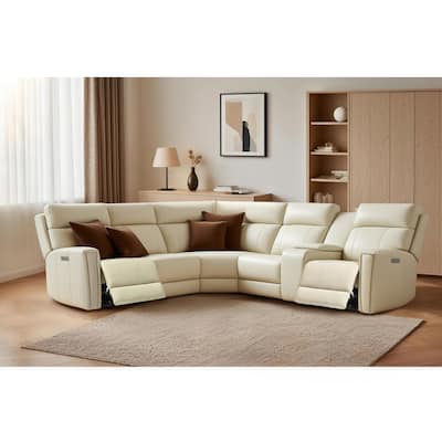 104" W Genuine Leather Power Recliner Sectional Sofa with Zero Gravity, Ajustable Headrest, USB Ports & Console