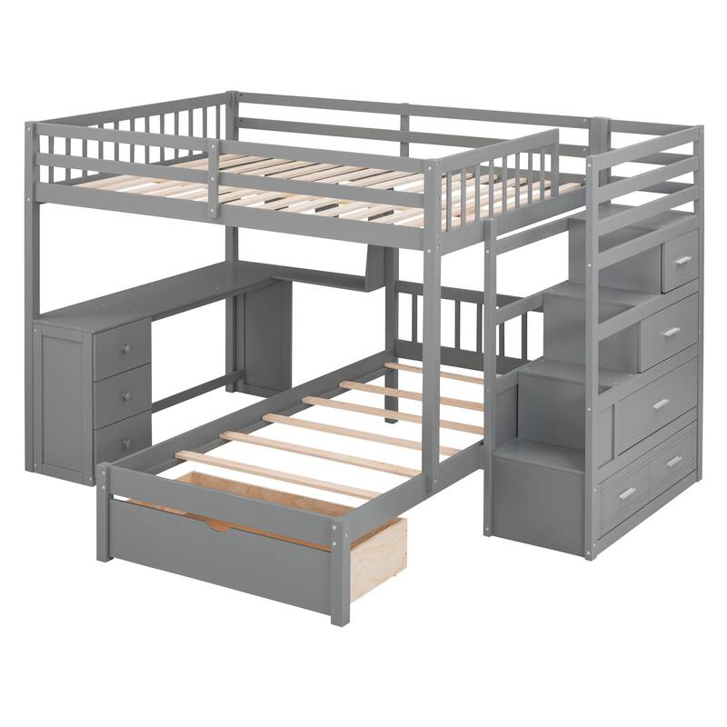 Full over Twin Size Solid Wood Bunk Bed with Desk, Drawers and Shelves