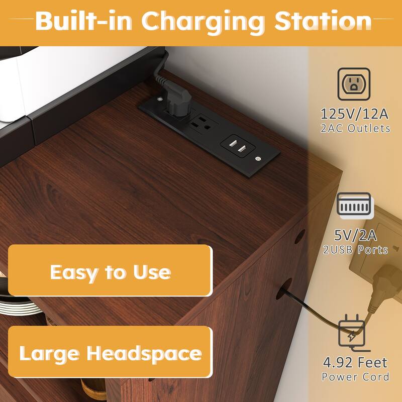 Folding Dining Table and Storage Sideboard with Charging Station， Multifunctional Space-Saving Kitchen Table with Wheels