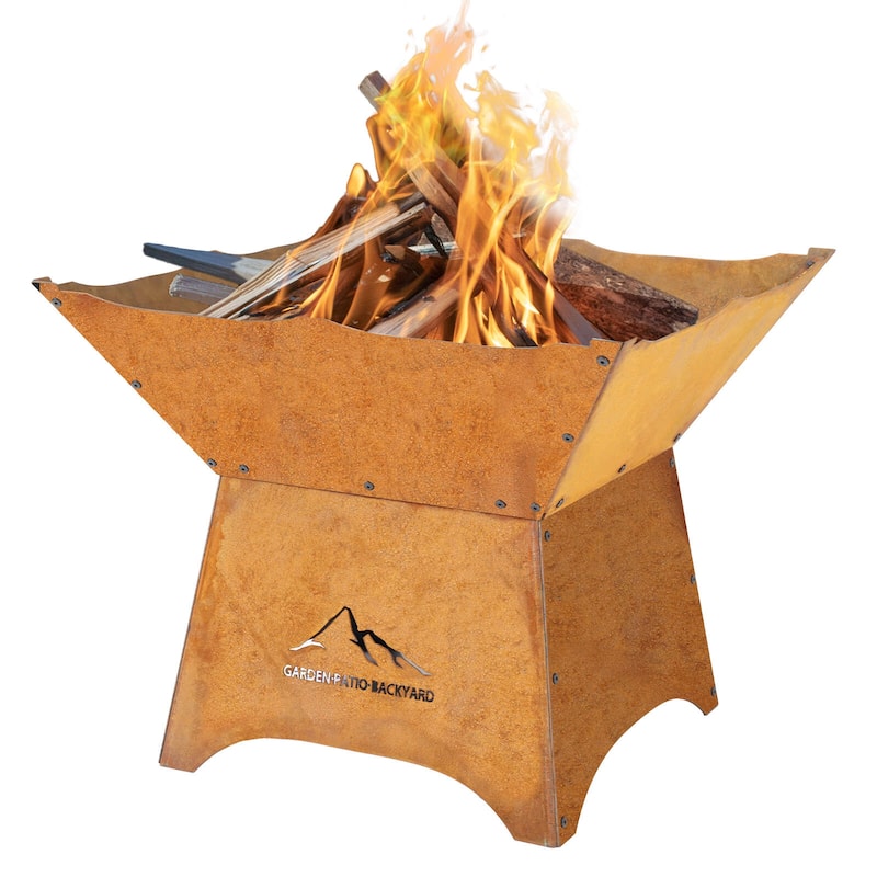 Aoodor 24" Rustic Corten Steel Fire Pit with 12" Stand, Rust Patina Finish, Detachable Wood-Burning Fire Bowl for Outdoors - Gold