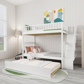 Twin Over Twin Solid Wood Bunk Bed With A Trundle And Storage Stairs ...