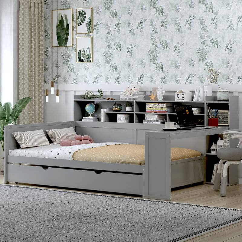 Wooden Daybed with Storage Shelves, Multi-functional Bed with Twin Size Trundle Bed and Study Desk