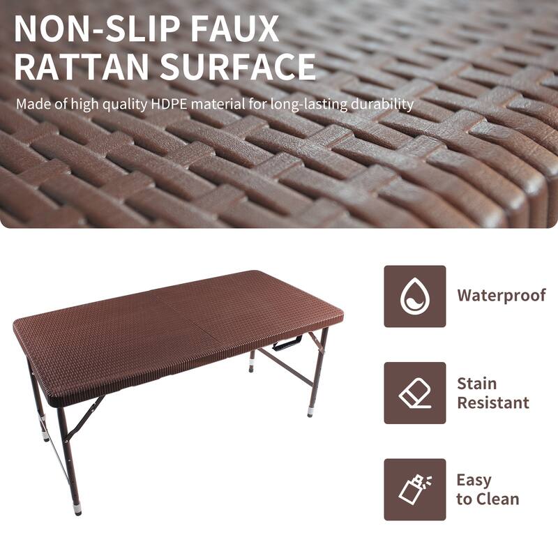 Rattan Folding Table for Indoor&Outdoor,Portable Foldable Table Rattan Plaited - Brown
