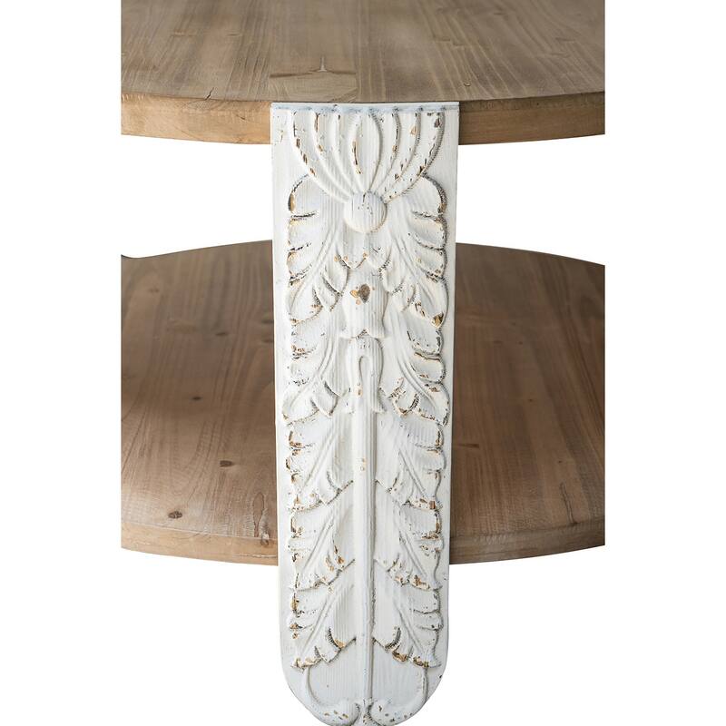 Round Wooden Coffee Table with Natural Brown Finish, Carved White Legs, and Lower Storage Shelf