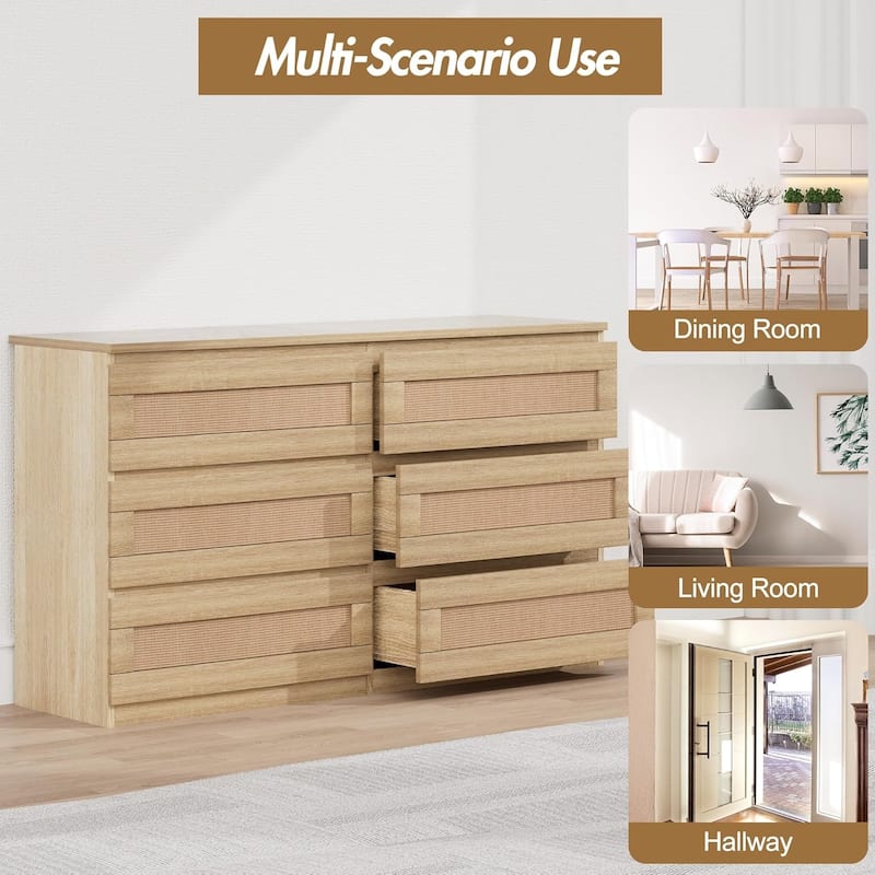 Rattan Dresser for Bedroom, 6 Drawer Double Dresser, Modern Wood Chest of Drawers