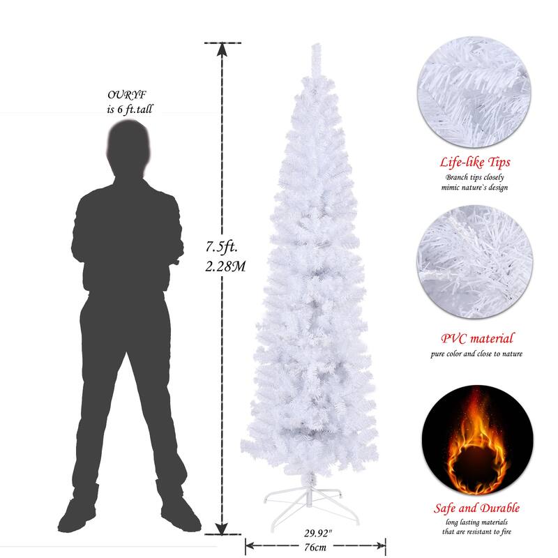 Slim Artificial Christmas Tree - White Finish, Foldable Metal Stand