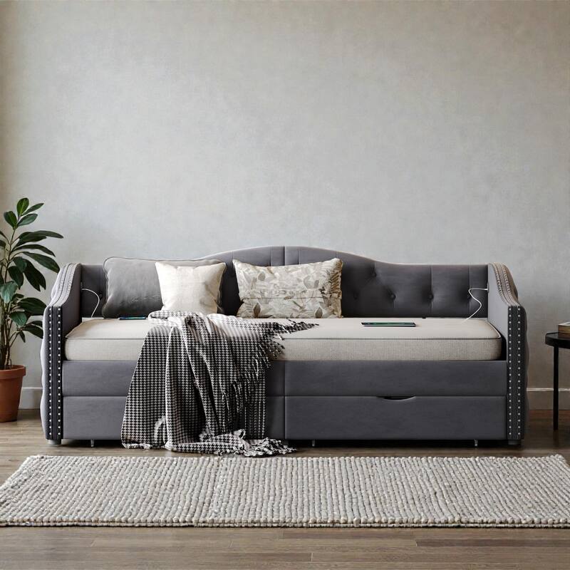 Twin Upholstered Daybed with Storage Drawers and USB Ports, Wood Daybed Frame, No Box Spring Needed - Grey - Twin