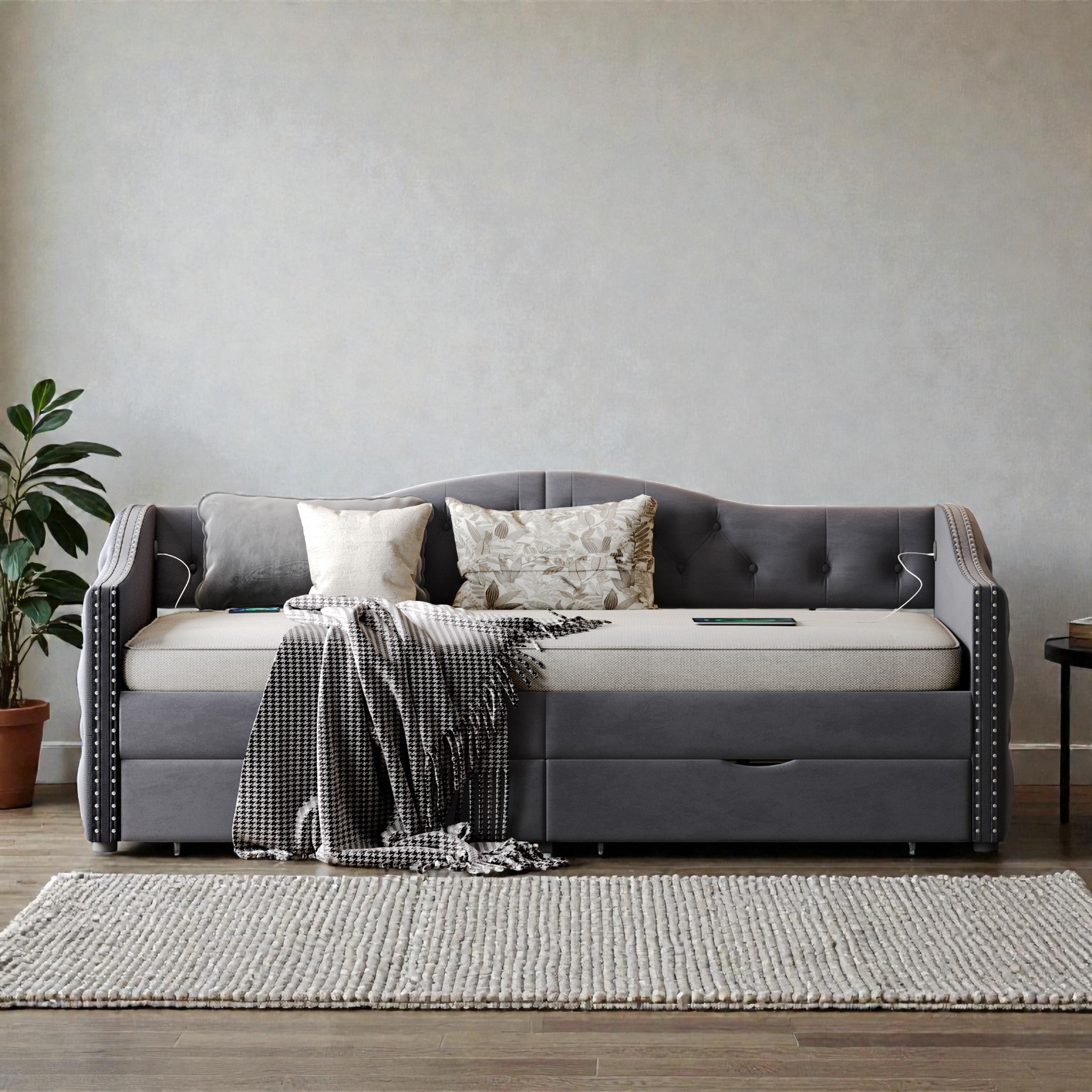 Twin Upholstered Daybed with Storage Drawers and USB Ports, Wood Daybed Frame, No Box Spring Needed