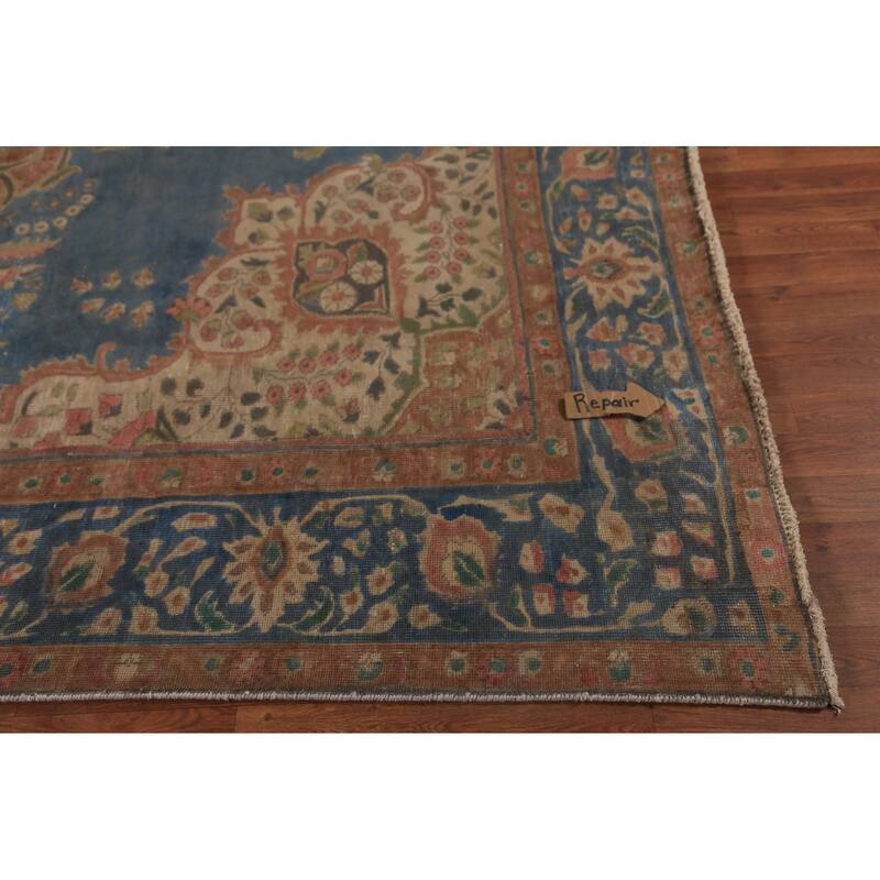 Floral Medallion Tabriz Persian Area Rug Blue Handmade Wool Carpet - 9'5"x 12'5"