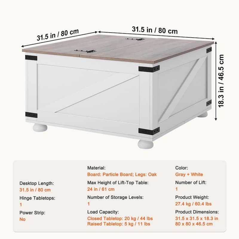 31.5" Hinged Lift Top Coffee Square Table with Storage Compartment Ideal for Everyday Use - 31.5” x 31.5” x 18.3”