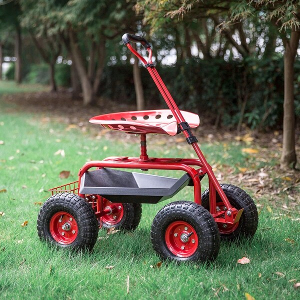 Rolling Garden Cart Work Seat Swivel Wagon Planting Tool Basket Tray Handle Lawn 