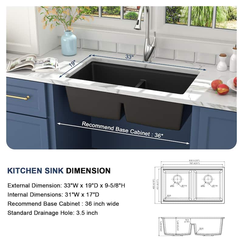 Lordear 33" Kitchen Sink Double Bowl Undermount Workstation Low Divider Quartz Composite Sink with Accessories