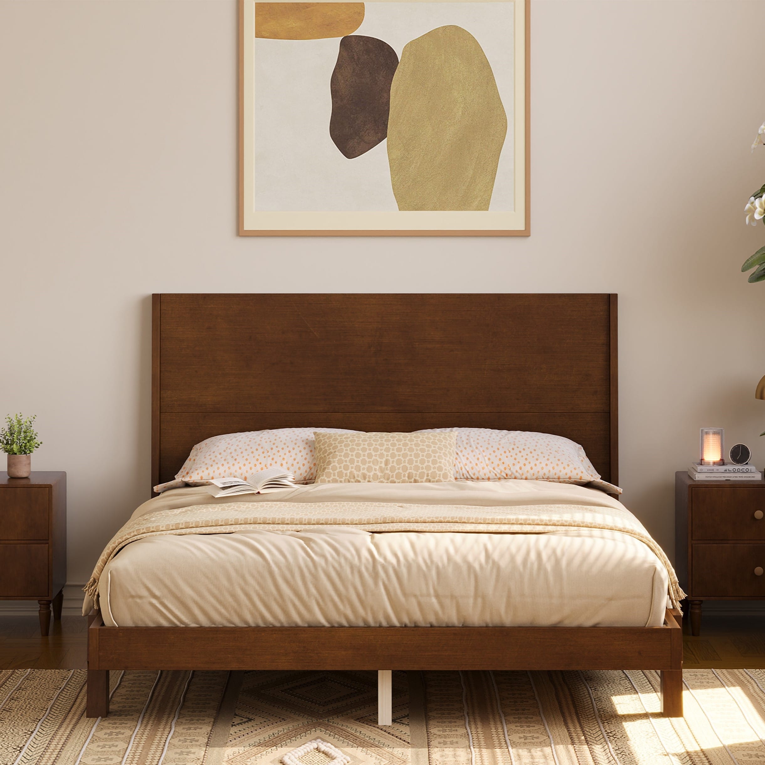 Mid-Century Platform Bed Wood Bed Frame with Wingback Headboard