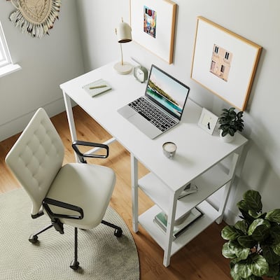 FEZIBO Small Computer Desk, 35 Inch Home Office Desk with Storage Shelves, Study Writing Desk