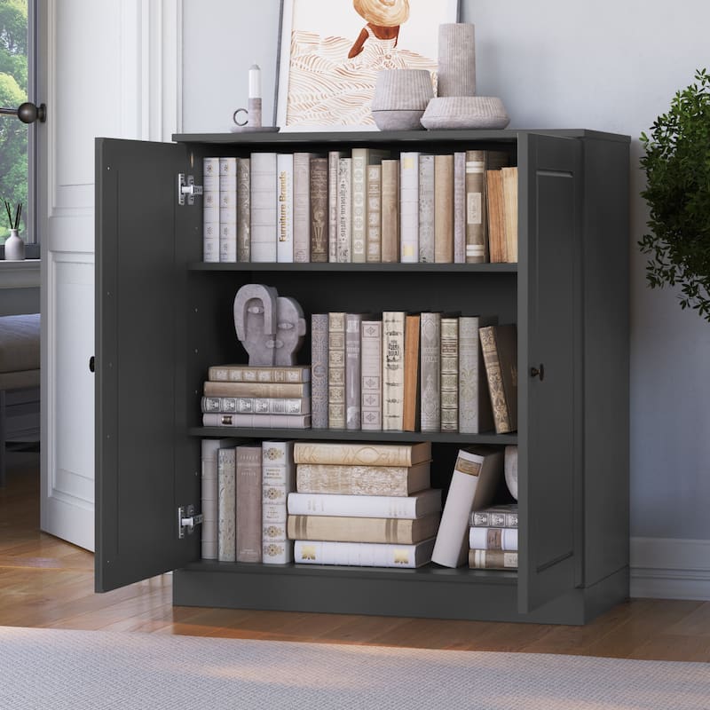 Palace Imports 100% Solid Wood 3-Shelf Bookcase, Adjustable Shelves, 32" Wide, 35.75" Tall - Solid Doors - Gray