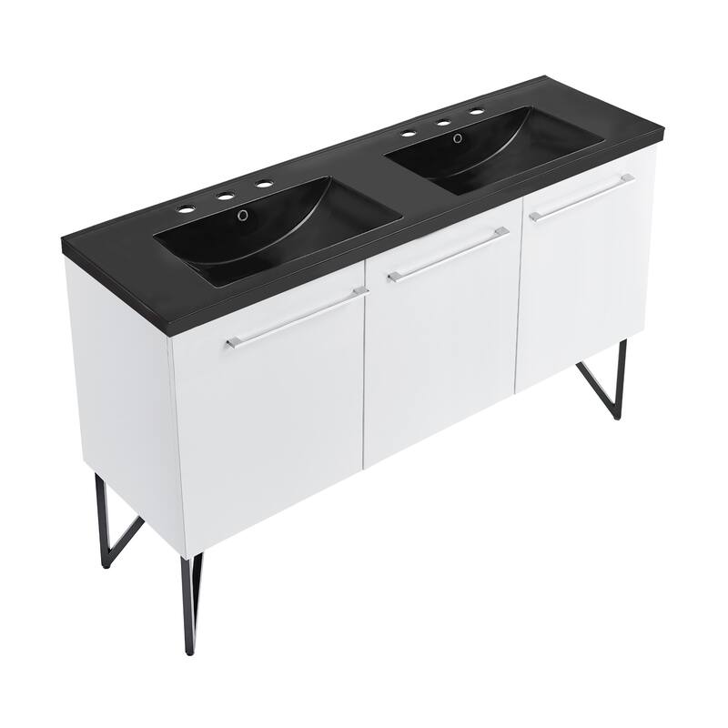 Annecy 60 In. White, Double Basin Bathroom Vanity With Black, 3-Hole ArtificialStone Sink Top