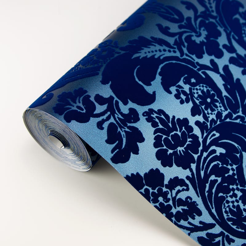 A-Street Prints Shadow Blue Flocked Damask Wallpaper
