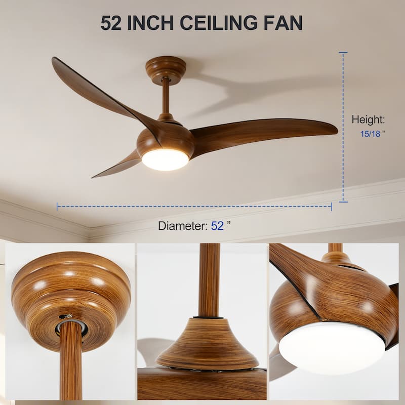Sofucor 52" Solid Wood/ABS Noiseless Ceiling Fan with Dimmable Light Optional and Remote, 6-Speed Reversible, Smart Optional