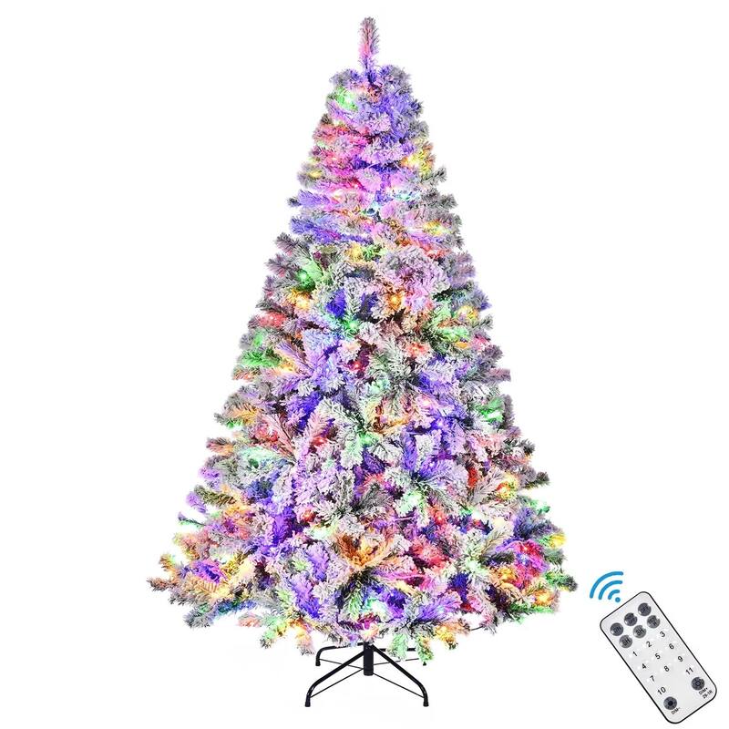 7.5ft Snow-Flocked Artificial Pine Christmas Tree with Dual-Color 550 LED Lights, 1500 Branch Tips & Easy-Assembly Metal Base - 7.5 Foot - Multi