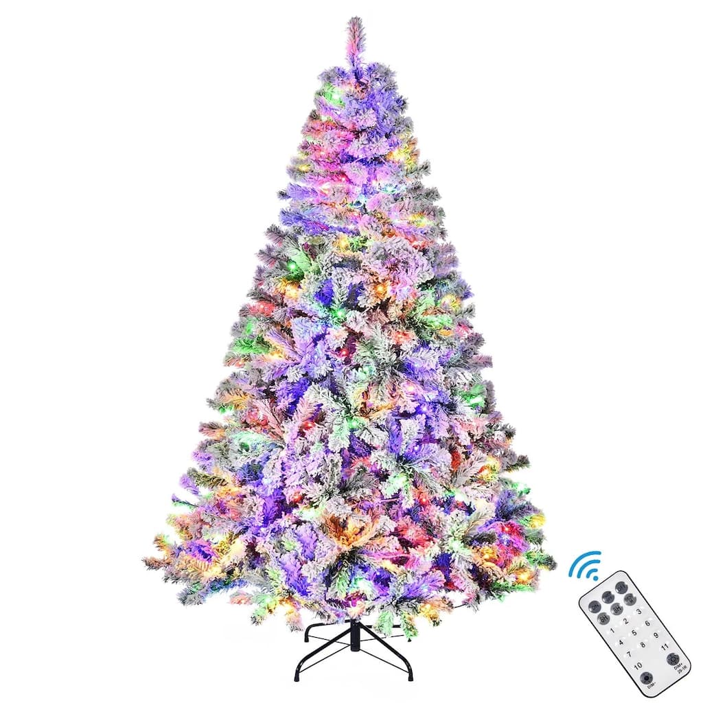 7.5ft Snow-Flocked Artificial Pine Christmas Tree with Dual-Color 550 LED Lights, 1500 Branch Tips & Easy-Assembly Metal Base