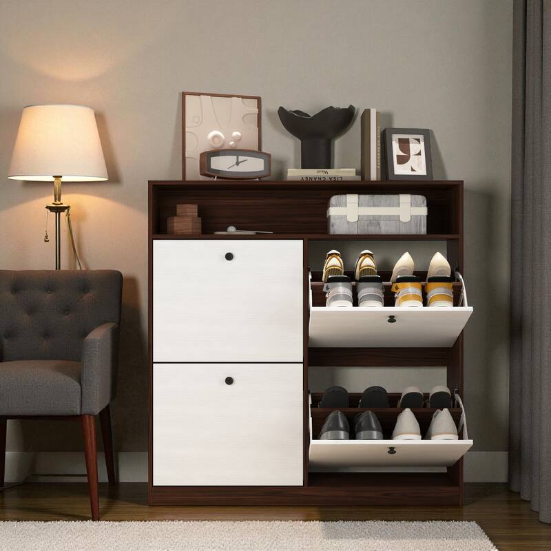 39.4" Shoe Storage Cabinet with 4 Flip Drawers, Large Freestanding Entryway Shoe Organizer with Wooden Handles and Anti-Tip Kit