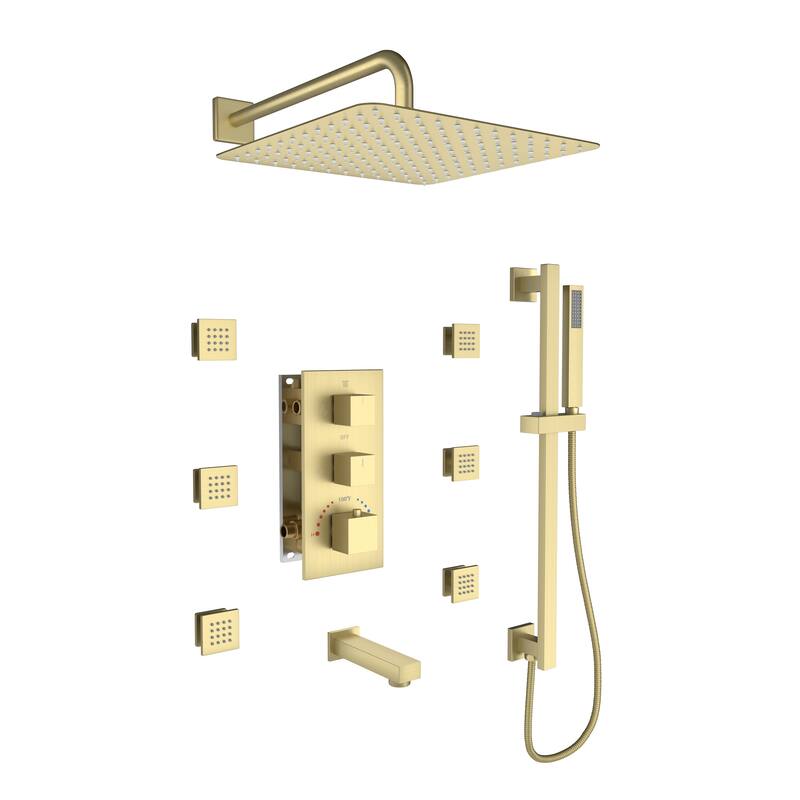 Thermostatic 3-Spray 12 in. Wall Mount Fixed and Handheld Dual Shower Head 2.5 GPM with 6-Body Jets and Adjustable Slide Bar - Brushed Gold