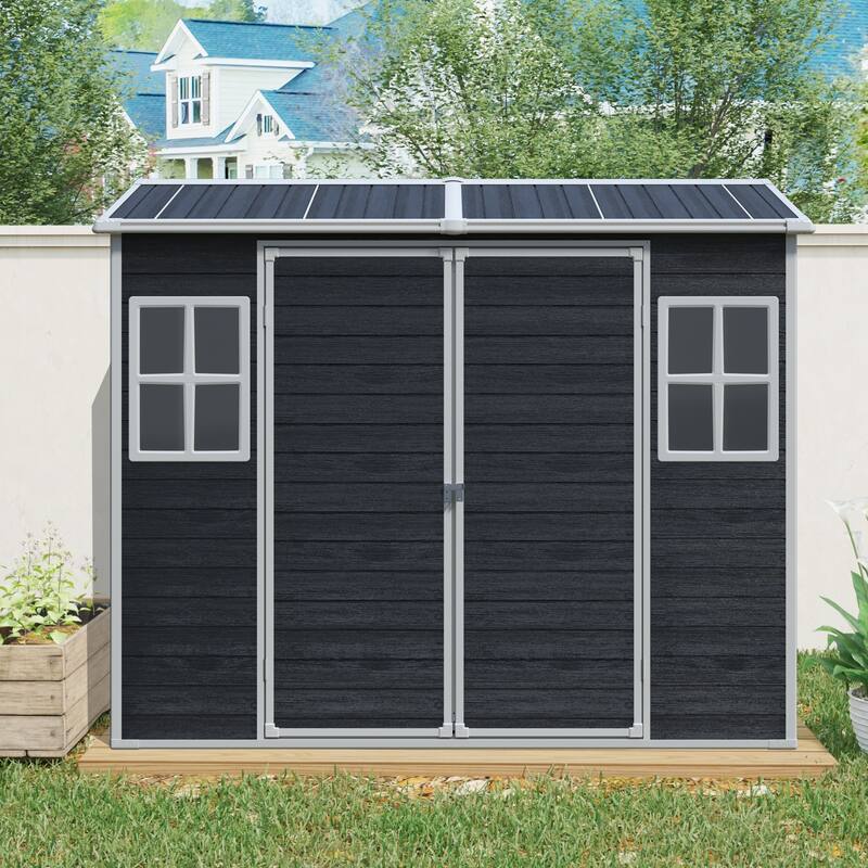 GDF Studio - Clyo Outdoor Resin Storage Shed with Floor, Double Doors, and Two Windows - Black
