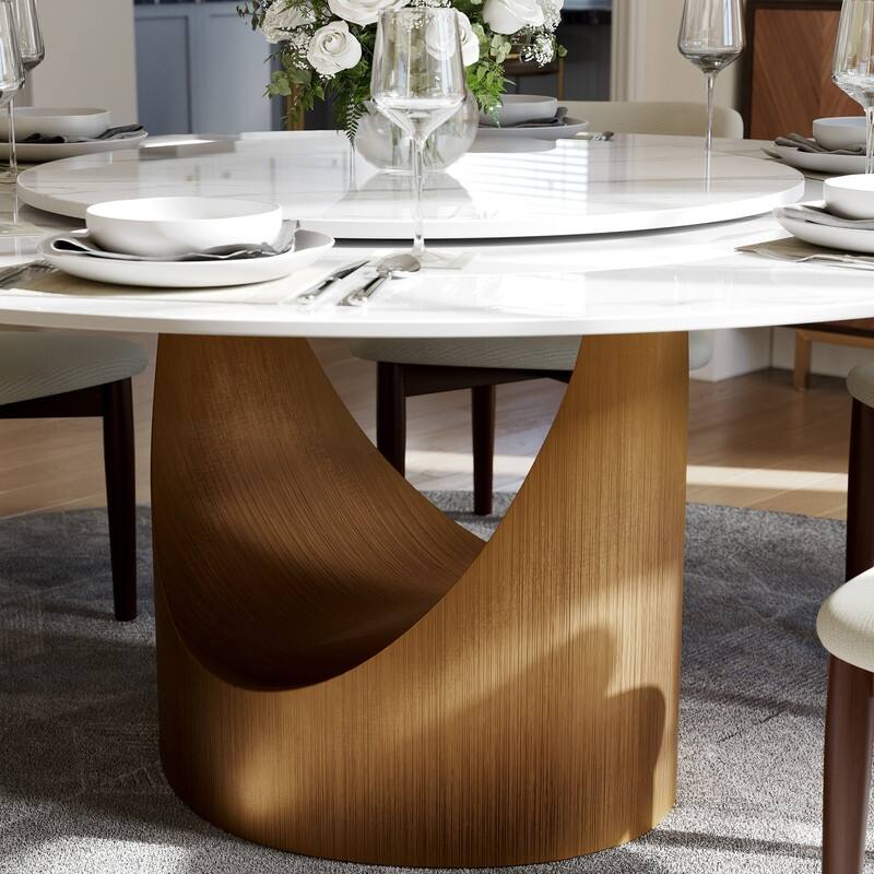 Modern Round Dining Table for Diningroom，White Glossy Stone Tabletop,Bronze Carbon Pedestal