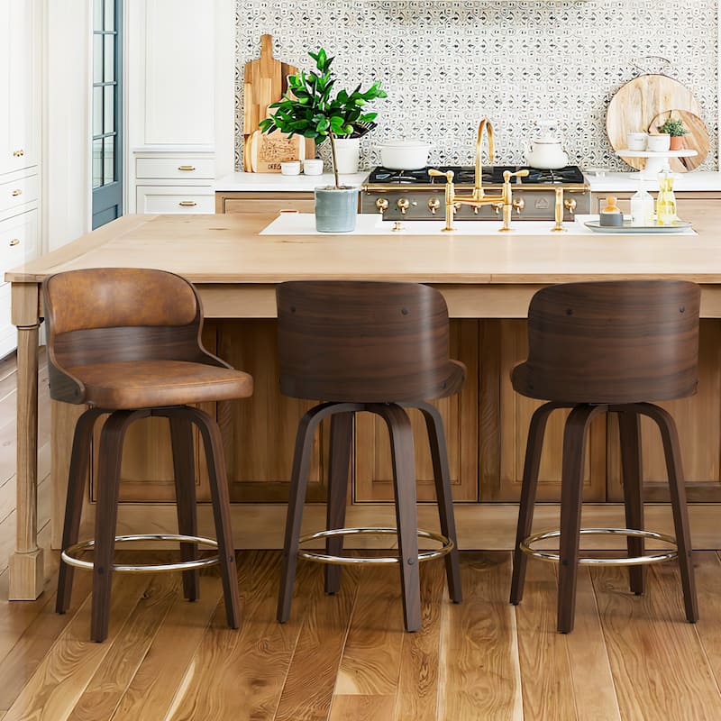 26 in. Counter Height Stool, Wooden Swivel Barstool PU Leather with Low Back