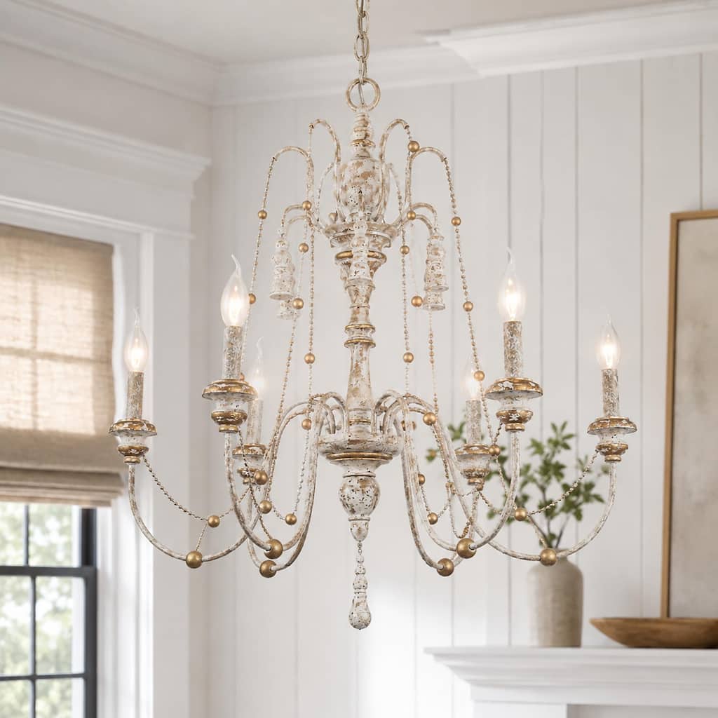 Mid-Century Modern 6-Light 29" White Wood Farmhouse Chandelier for Dining Room - 29"W x 37.5"H