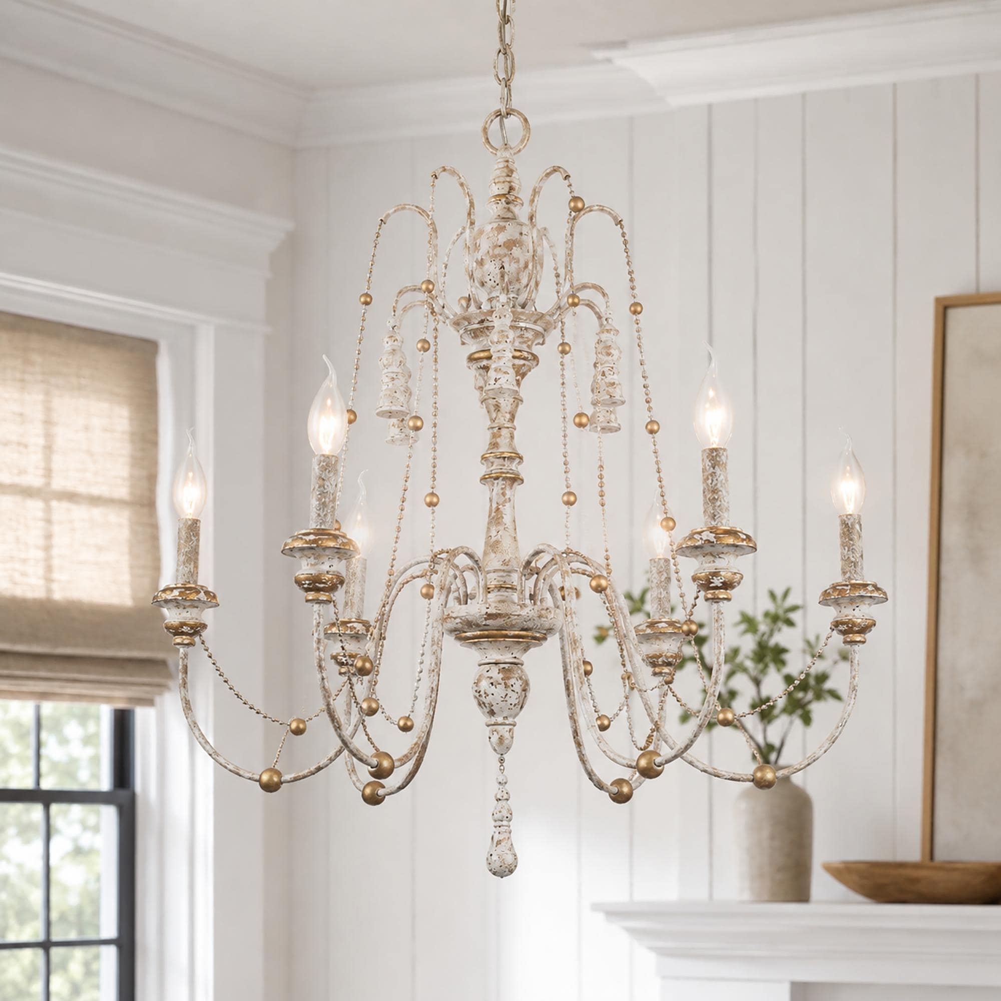 Mid-Century Modern 6-Light 29" White Wood Farmhouse Chandelier for Dining Room - 29"W x 37.5"H