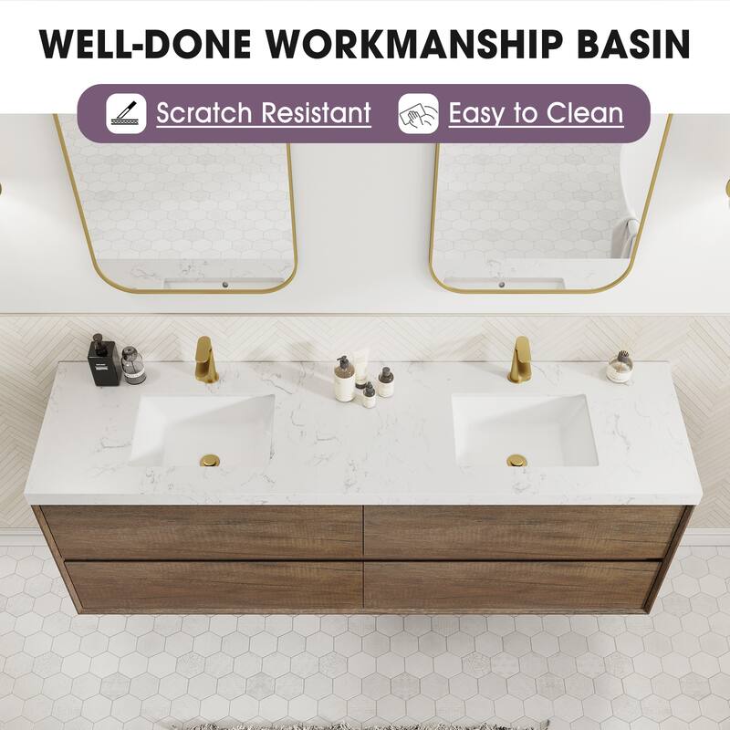 Sylphar 72 inch Bathroom Vanity with Sink, Floating Oak Cabinet with Stone Top