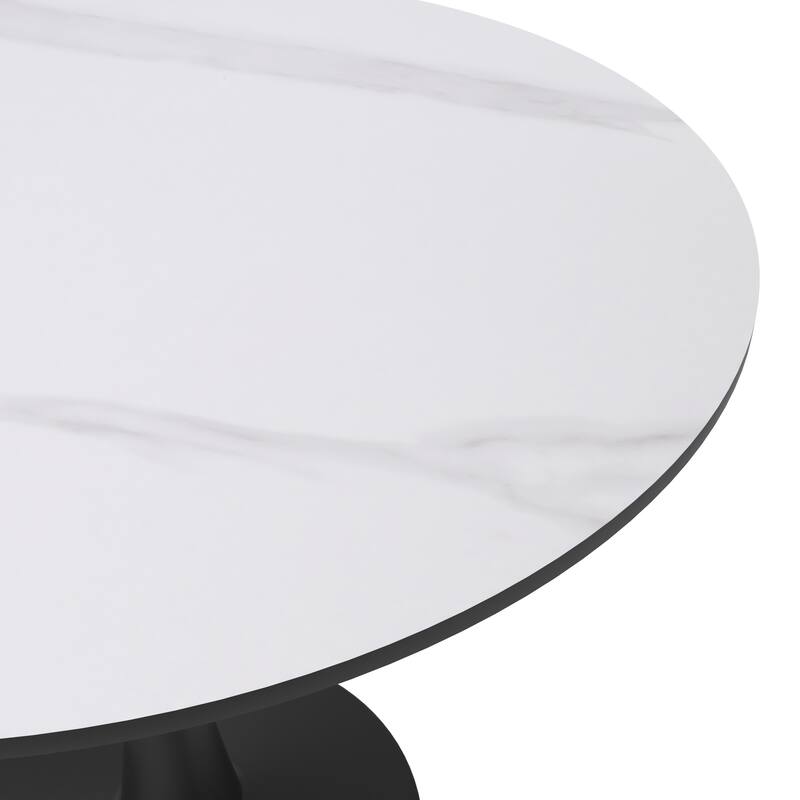 Bristol 32" Round Minimalist Dining Table for 4, Sintered Stone Top & Black Iron Pedestal Base for Kitchen & Dining Room