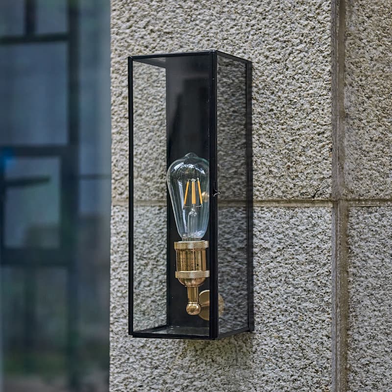 1 Light outdoor wall sconce with clear glass, Black exterior , gold interior Finish - 14.25"H x 4.75"W x 5"D