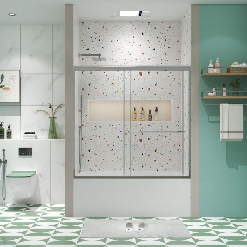 58'' H Glass Double Sliding Shower Door, Bathtub Bypass shower door in Black/Chrome - 60x58
