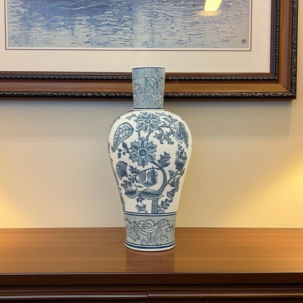 17" Light Blue And White Floral Round Porcelain Table Vase - 8.10