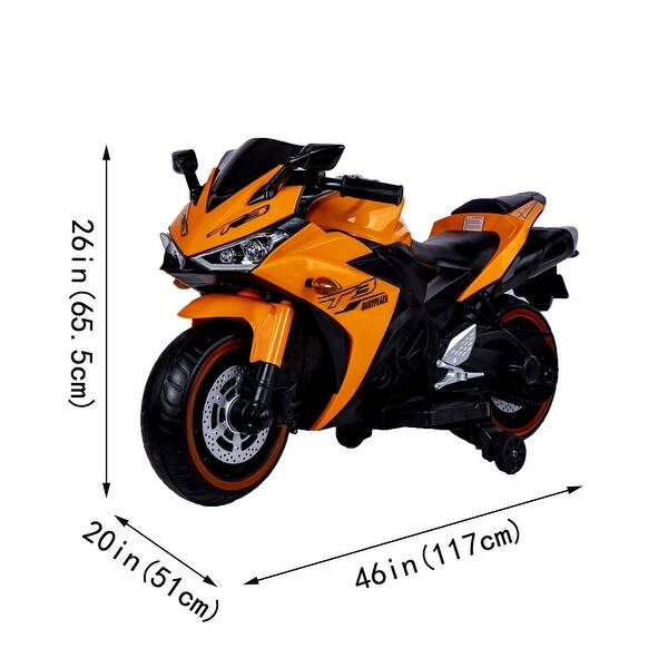 dimension image slide 4 of 5, Electric Kids Motorcycle Ride-On Toy with Training Wheels, Music, and Foot Brake for Ages 3+