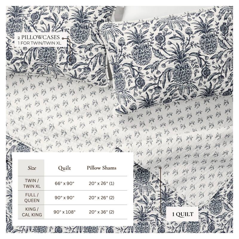Linery & Co. Cotton Stitched Reversible Coastal 3 Piece Quilt and Sham Set
