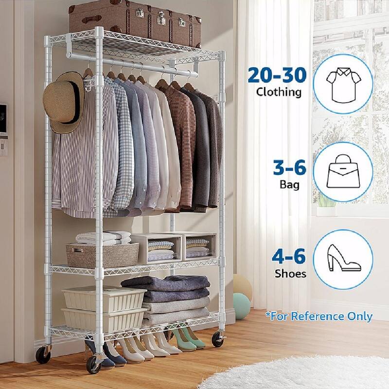 Heavy Duty Rolling Garment Rack with Wheels, 3-Tier Adjustable Wire Shelving, Clothes Rack with Rods & Side Hooks