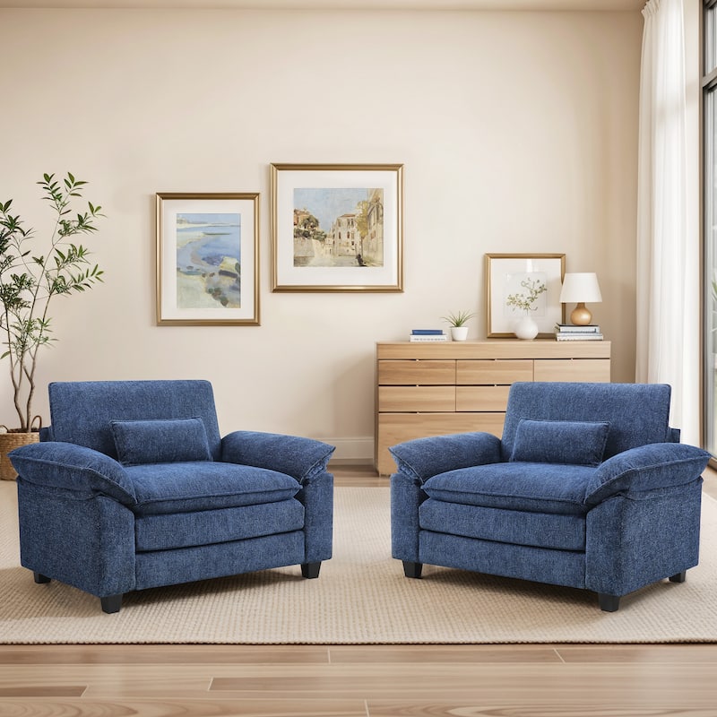 Living Room Upholstered Accent Chair,Modern Reading Chair With Arms Pillows - 52"W X 54.6"D X 34.6"H - Deep Blue Set of 2