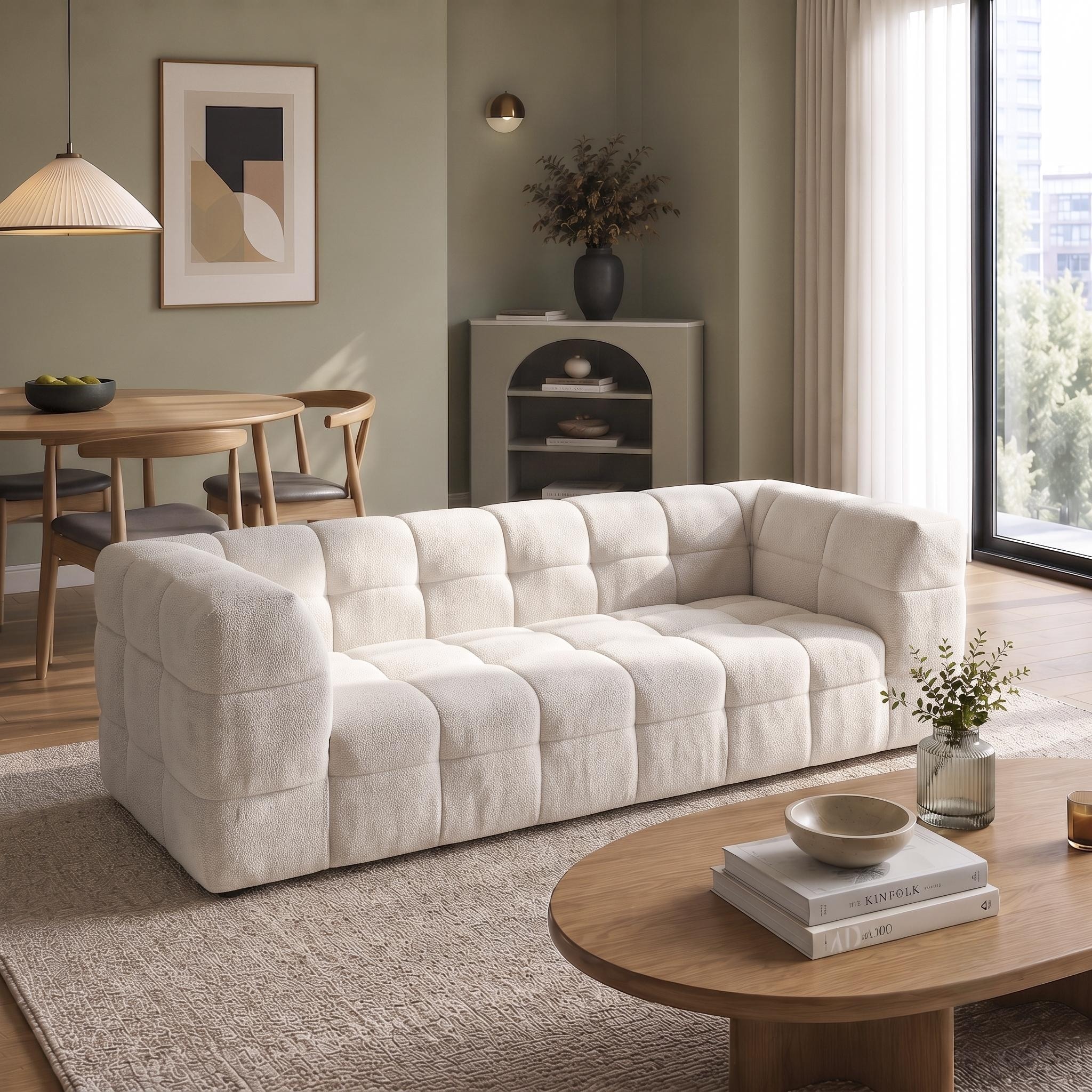 Waterbury Contemporary Modern Minimalist Sofa in Soft Boucle Fabric Upholstery in Beige