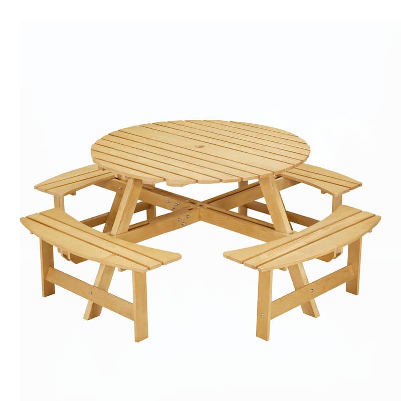 Outdoor 8 Person Picnic Table with a umbrella Hole,4 built-in benches