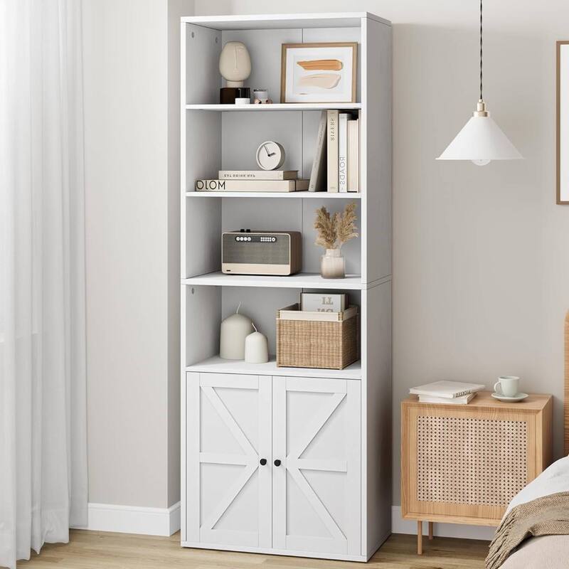 Standing Bookshelf with Doors, 4 Open Storage Shelves - White