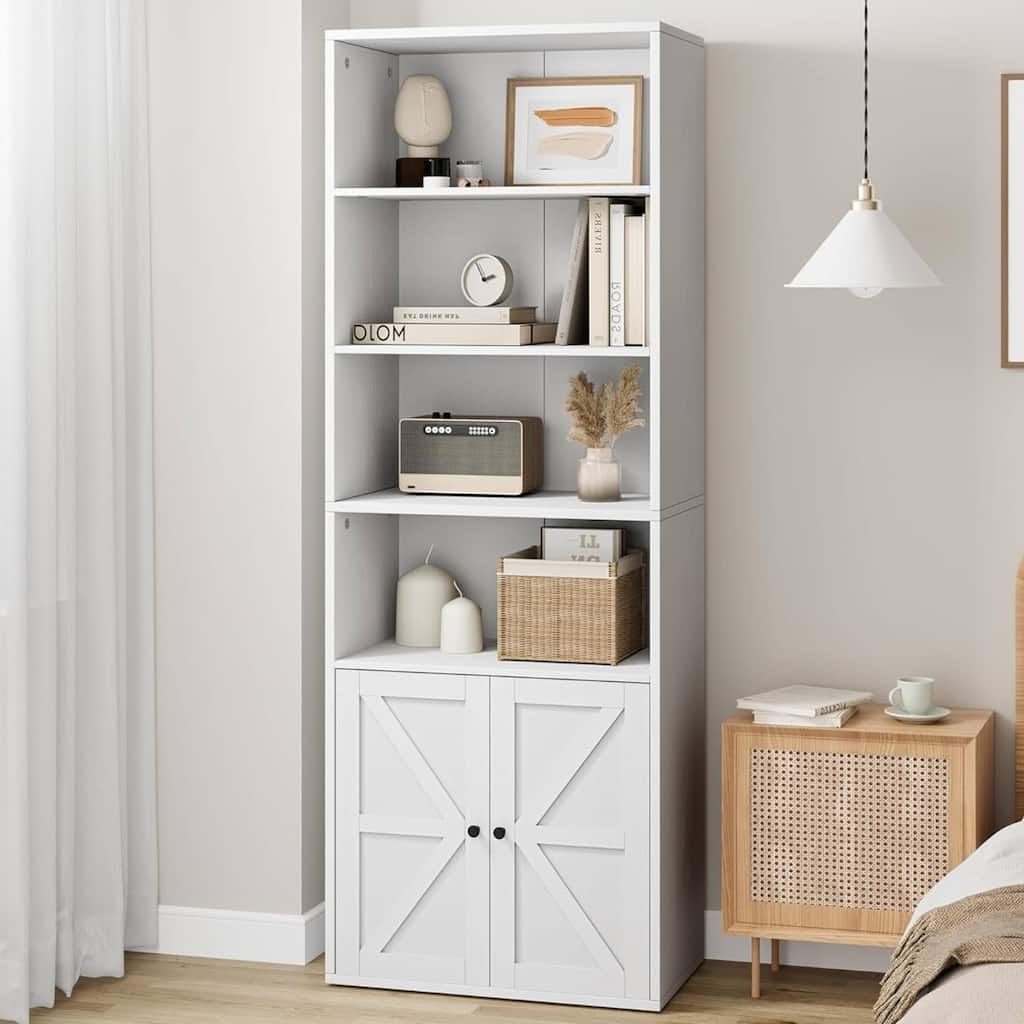 Standing Bookshelf with Doors, 4 Open Storage Shelves